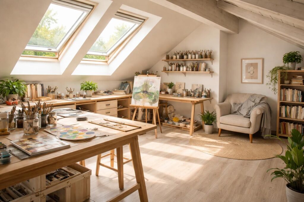 Créer un atelier artistique dans ses combles aménagés avec Velux et parquet flottant Quick Step