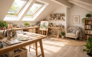 Créer un atelier artistique dans ses combles aménagés avec Velux et parquet flottant Quick Step