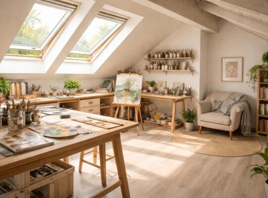 Créer un atelier artistique dans ses combles aménagés avec Velux et parquet flottant Quick Step
