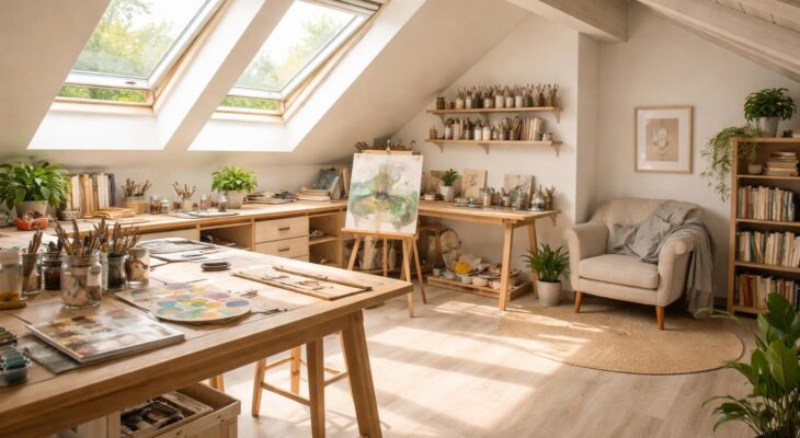 Créer un atelier artistique dans ses combles aménagés avec Velux et parquet flottant Quick Step